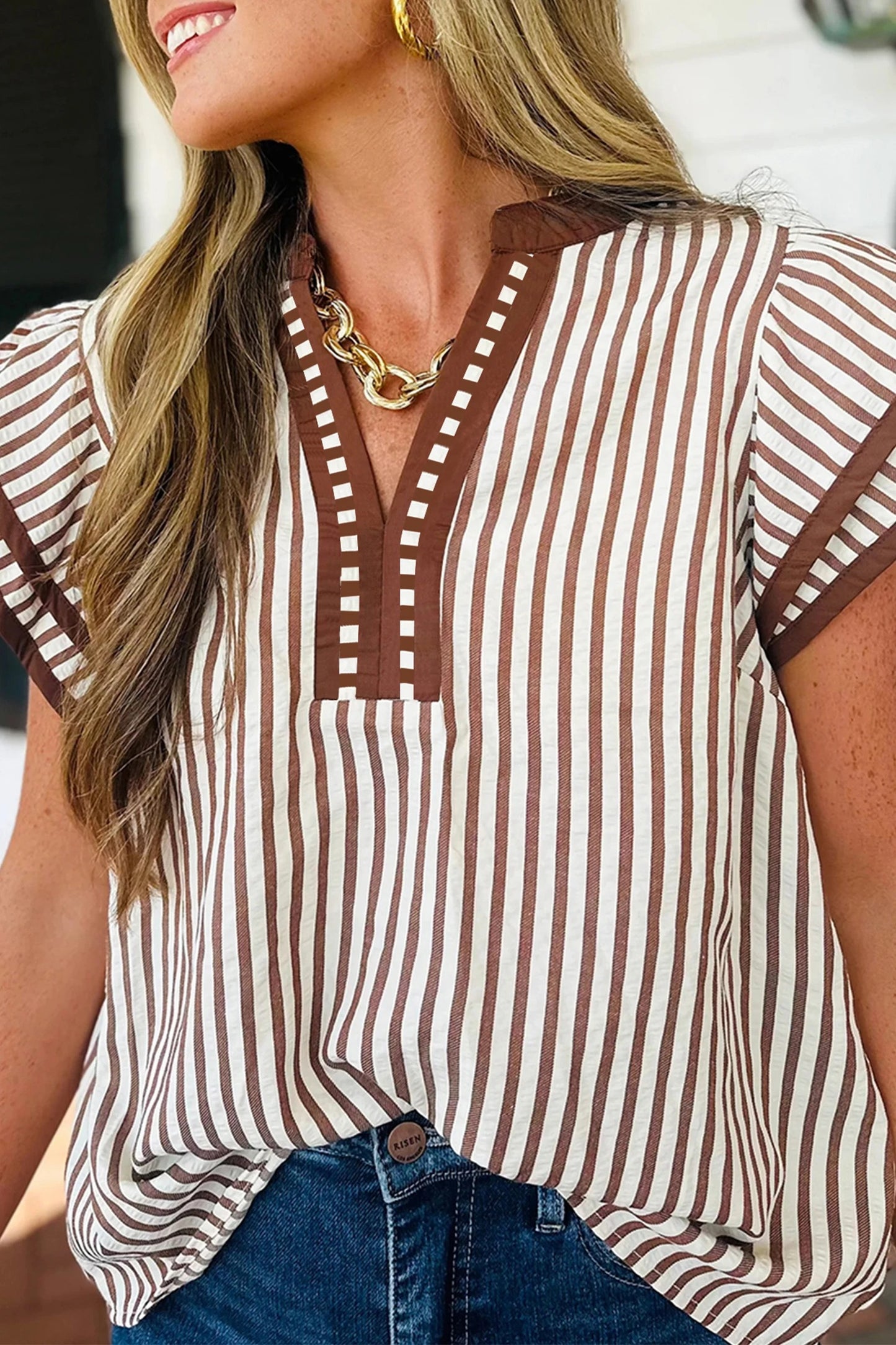 Sienna Contrast Trim Flutter Sleeve Blouse